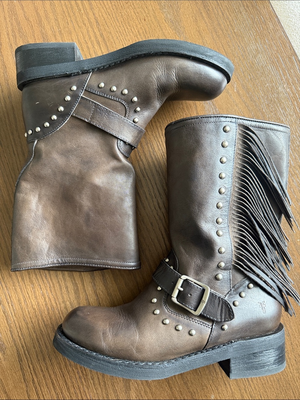 Frye Viv Engineer - Fringed Studded Brown Leather Lace-Up Boots